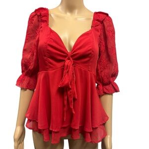 Aeom Red Ruffled Feminine Tie Front V Neck 3 Quarter Sleeve Blouse Womens Small